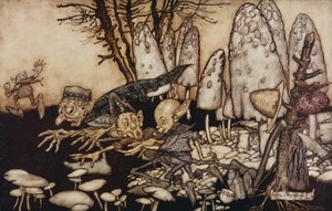 Skupina dělníků, kteří pilovali muchomůrku, spěchala pryč a nechala za sebou své nástroje z filmu „Peter Pan v Kensington Gardens“ od J. M. Barrieho, 1906 od Arthur Rackham